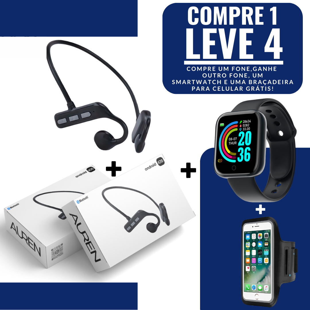 Fone Sem Fio de Condução Óssea - Auren Pulse - Compre 1, leve 4 [Compre um fone, ganhe o outro fone, um Smartwatch e uma Braçadeira Para Celular]